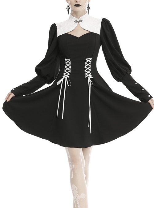 White Cheongsam Collar Lace-Up Waist Long Sleeves Button Black Gothic Dress