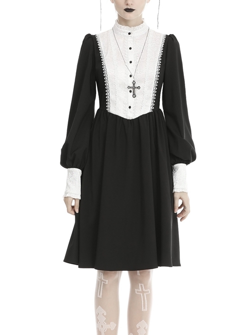 White Lace Front Garment Button Long Sleeves Black Gothic Nun Dress
