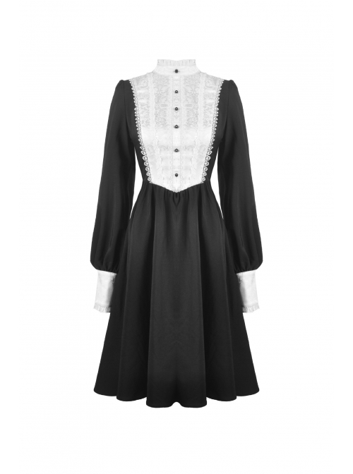 White Lace Front Garment Button Long Sleeves Black Gothic Nun Dress