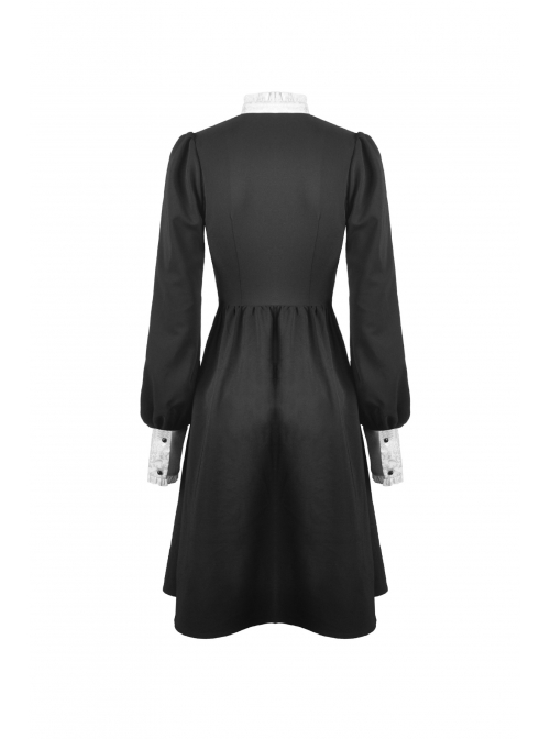 White Lace Front Garment Button Long Sleeves Black Gothic Nun Dress