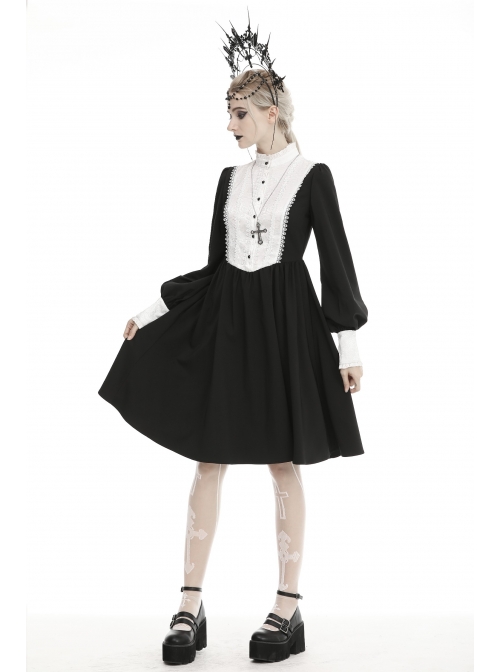 White Lace Front Garment Button Long Sleeves Black Gothic Nun Dress