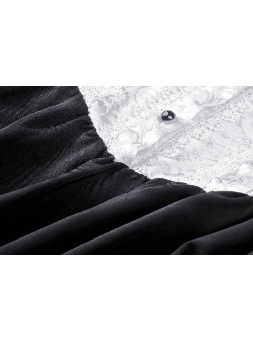 White Lace Front Garment Button Long Sleeves Black Gothic Nun Dress