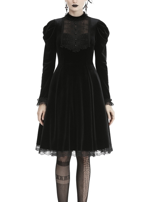 Lace Button Long Sleeves High Waisted Black Velvet Gothic Dress