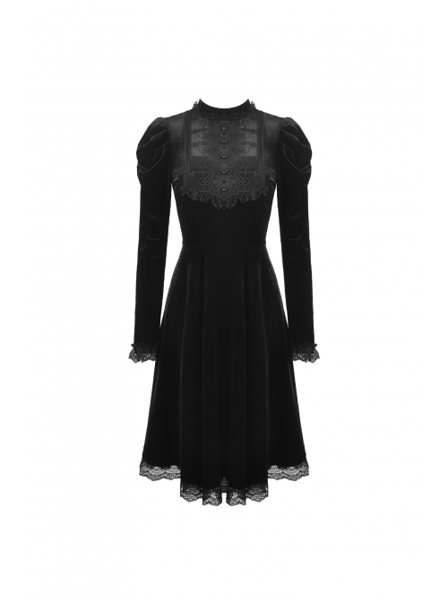 Lace Button Long Sleeves High Waisted Black Velvet Gothic Dress