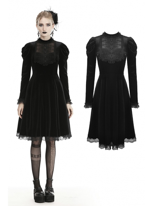 Lace Button Long Sleeves High Waisted Black Velvet Gothic Dress