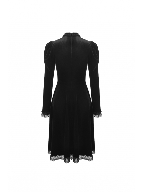 Lace Button Long Sleeves High Waisted Black Velvet Gothic Dress