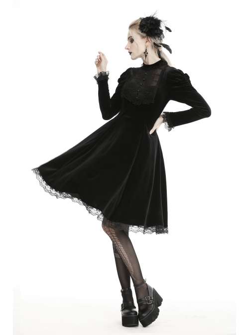 Lace Button Long Sleeves High Waisted Black Velvet Gothic Dress
