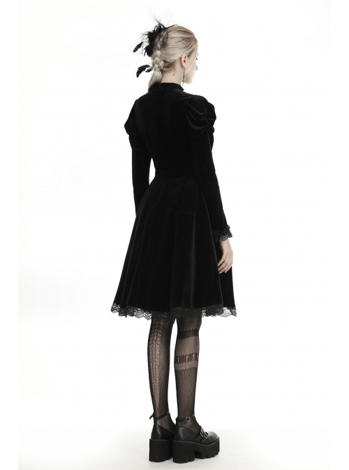 Lace Button Long Sleeves High Waisted Black Velvet Gothic Dress