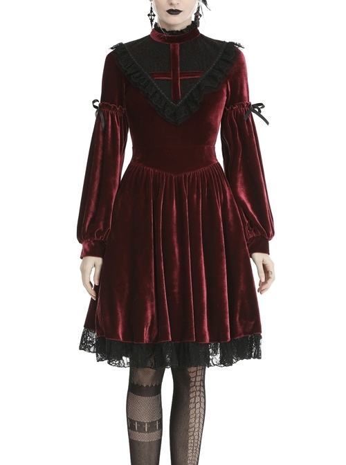 Black Lace Chest Frills Lace-Up Long Sleeves Red Velvet Gothic Dress