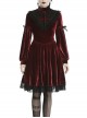 Black Lace Chest Frills Lace-Up Long Sleeves Red Velvet Gothic Dress