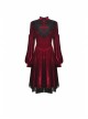 Black Lace Chest Frills Lace-Up Long Sleeves Red Velvet Gothic Dress