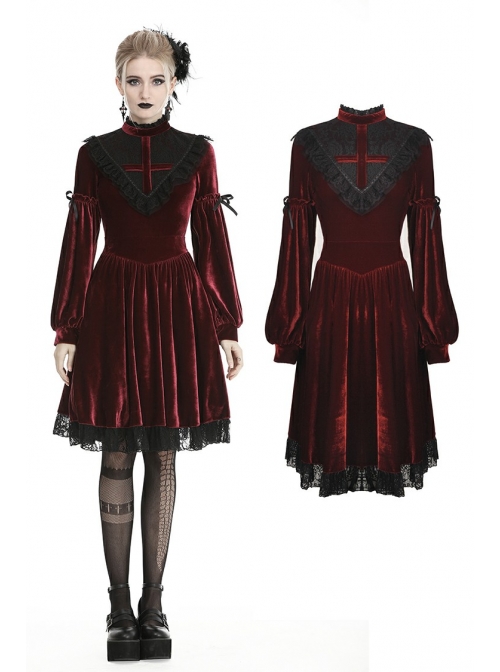 Black Lace Chest Frills Lace-Up Long Sleeves Red Velvet Gothic Dress