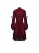 Black Lace Chest Frills Lace-Up Long Sleeves Red Velvet Gothic Dress