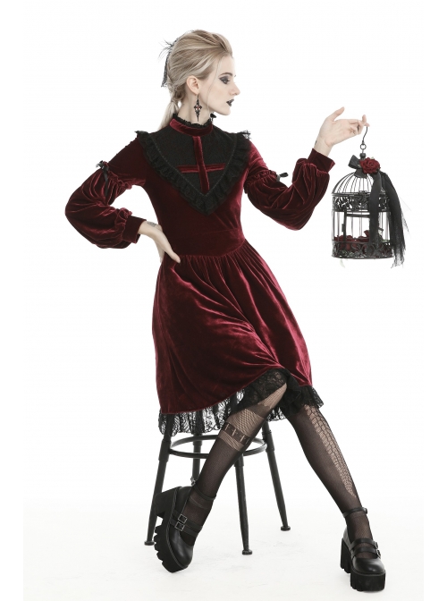 Black Lace Chest Frills Lace-Up Long Sleeves Red Velvet Gothic Dress
