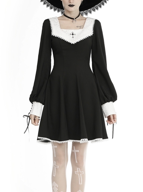 Cross Embroidery White Collar Long Sleeves Lace-Up Black Gothic Dress