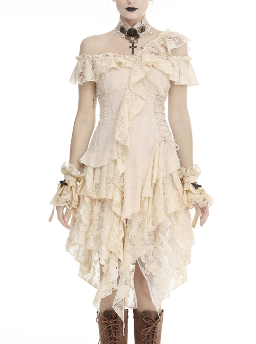 Off-Shoulder Irregular Frilly White Lace Punk Dress
