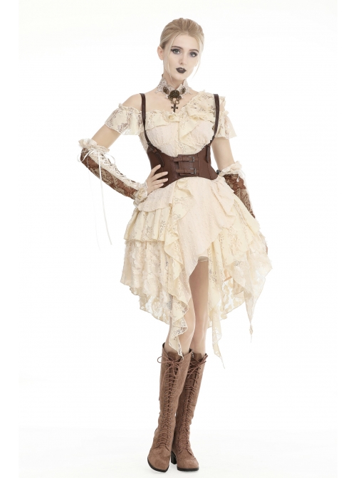 Off-Shoulder Irregular Frilly White Lace Punk Dress