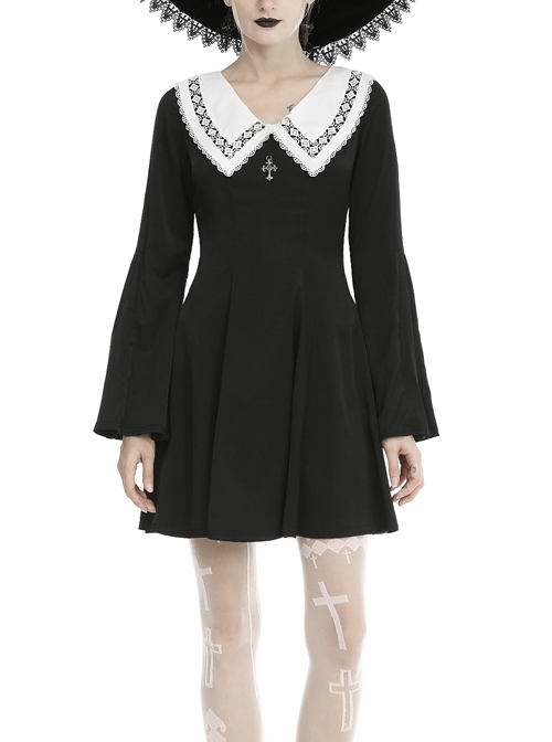 White Lace Doll Collar Cross Long Sleeves Black Gothic Dress