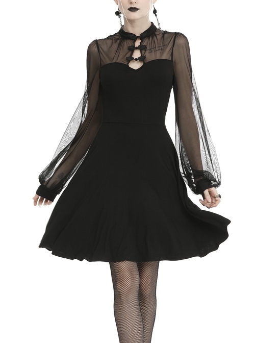 Cheongsam Collar Chest Hollow Mesh Long Sleeves Sexy Black Gothic Dress