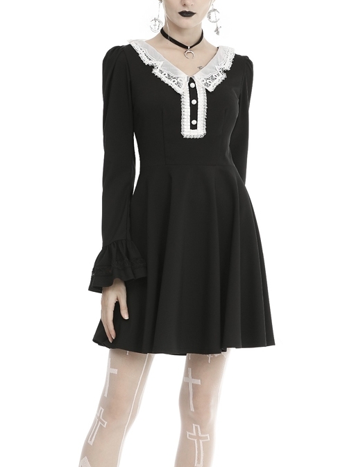 White Lolita Doll Collar Button Long Sleeves Black Gothic Dress