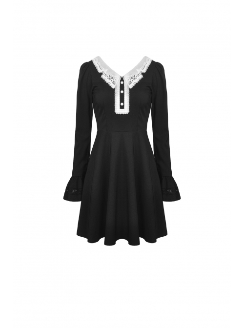 White Lolita Doll Collar Button Long Sleeves Black Gothic Dress