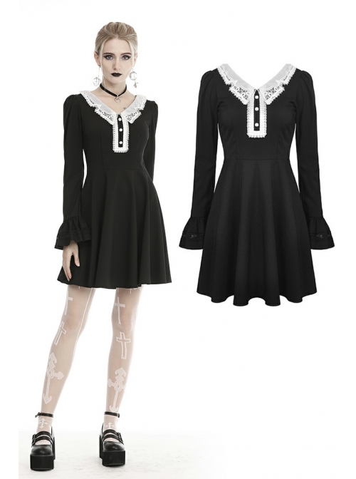 White Lolita Doll Collar Button Long Sleeves Black Gothic Dress