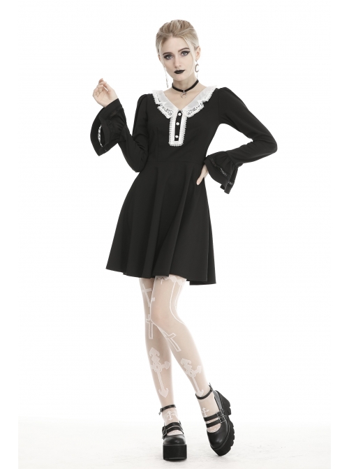White Lolita Doll Collar Button Long Sleeves Black Gothic Dress
