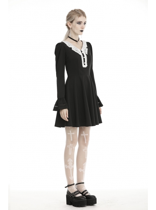 White Lolita Doll Collar Button Long Sleeves Black Gothic Dress