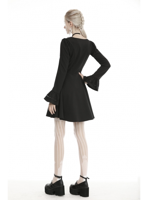 White Lolita Doll Collar Button Long Sleeves Black Gothic Dress