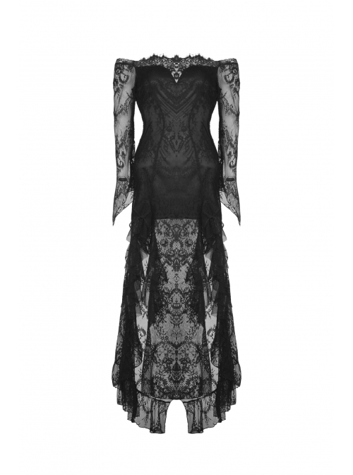 Off-Shoulder Lace Long Sleeves Frill Swallow Tail Black Gothic Dress