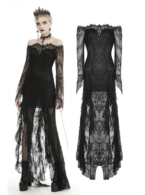 Off-Shoulder Lace Long Sleeves Frill Swallow Tail Black Gothic Dress