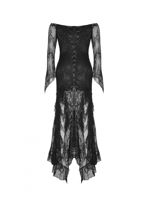 Off-Shoulder Lace Long Sleeves Frill Swallow Tail Black Gothic Dress