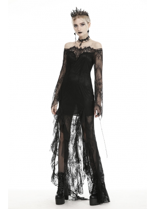 Off-Shoulder Lace Long Sleeves Frill Swallow Tail Black Gothic Dress