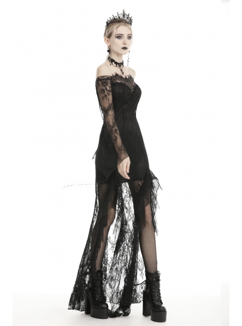 Off-Shoulder Lace Long Sleeves Frill Swallow Tail Black Gothic Dress
