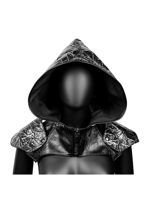 Black Pleated Embossed Medieval Plague Punk Unisex Faux Leather Cape