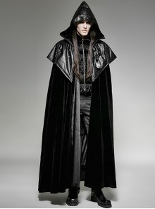 Black Fiber Stitching Embossed Faux Leather Men's Punk Style Hooded Court Cape