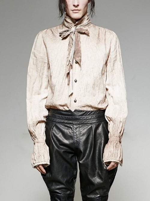 White Washed Old Feel Retro Stand Collar Bow Tie Punk Style Men's Shirt