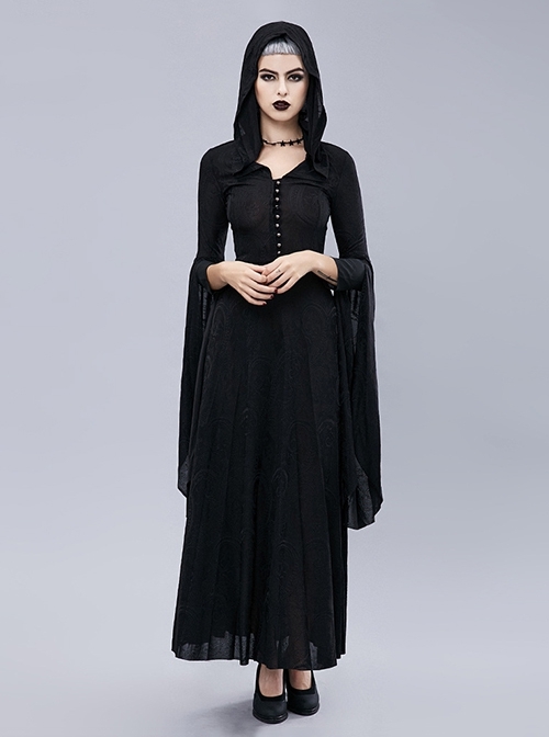 Black Knit Print Slim Fit Ladies Gothic Hooded Dress