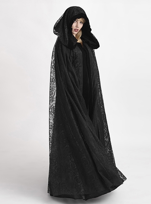 Court Black Polyester Lace Long Punk Style Ladies Hooded Cape