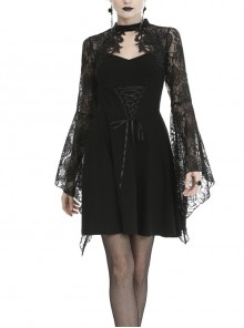 Lace Chest Hollow Long Sleeves Lace-Up Waisted Black Gothic Dress