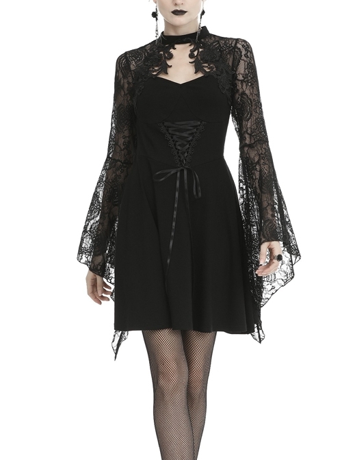 Lace Chest Hollow Long Sleeves Lace-Up Waisted Black Gothic Dress