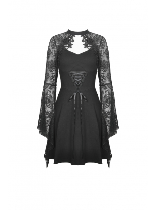 Lace Chest Hollow Long Sleeves Lace-Up Waisted Black Gothic Dress