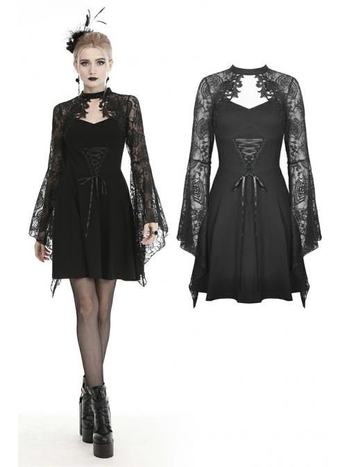 Lace Chest Hollow Long Sleeves Lace-Up Waisted Black Gothic Dress