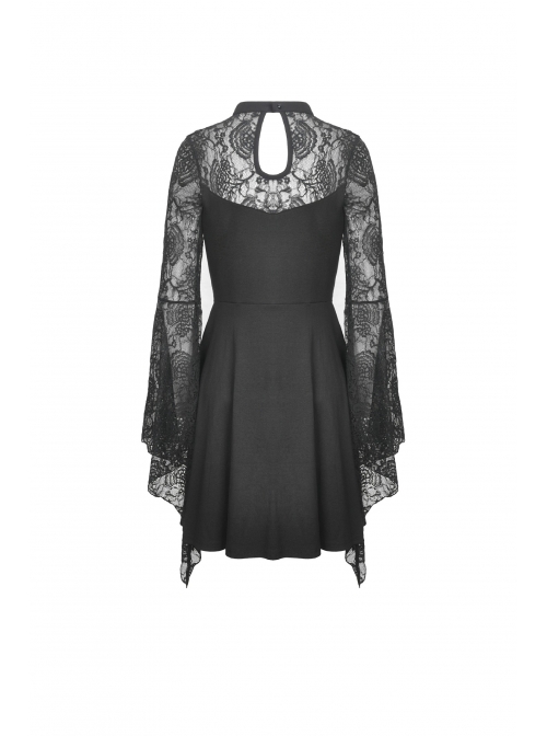 Lace Chest Hollow Long Sleeves Lace-Up Waisted Black Gothic Dress