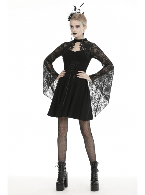 Lace Chest Hollow Long Sleeves Lace-Up Waisted Black Gothic Dress