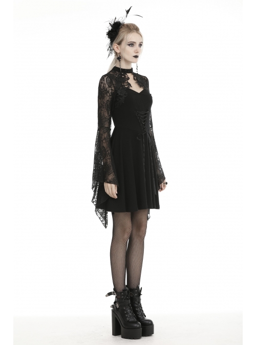 Lace Chest Hollow Long Sleeves Lace-Up Waisted Black Gothic Dress