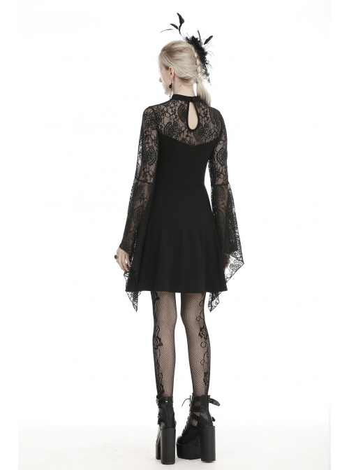 Lace Chest Hollow Long Sleeves Lace-Up Waisted Black Gothic Dress