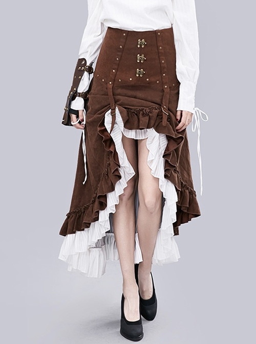 Victoria Brown Irregular Layered Retro Punk Style High Waist Skirt
