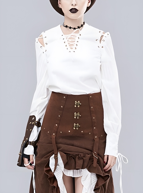 White Retro V-Neck Tie Cotton Long-Sleeved Punk Pullover Shirt