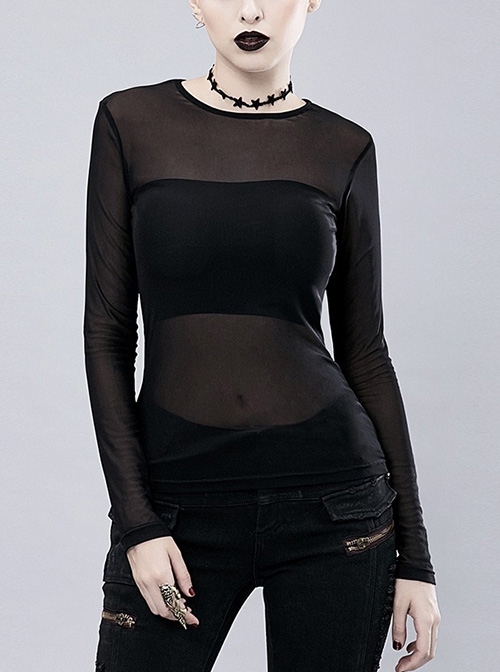Sexy Black Perspective Grid Hollow Out Breathable Punk Style Women's T-Shirt